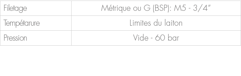 Filetage,M trique ou G (BSP): M5 3/4”,Temp tarure,Limites du laiton,Pression,Vide 60 bar
