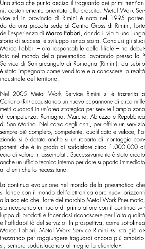 Una sfida che punta decisa il traguardo dei primi trent’anni, costantemente orientata alla crescita. Metal Work Servi...